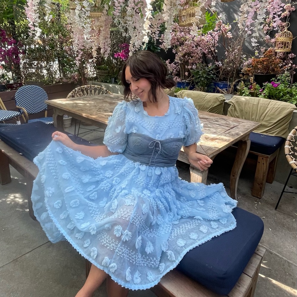 Kawaii Lolita Tokyo Vintage Sky Blue Tiered Ruffled Smock Dress Puff Sleeve Vtg